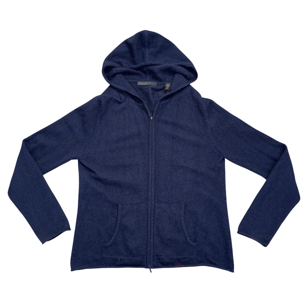 Lord & Taylor Cashmere Hoodie Women Medium Navy Blue Good Zip Up Sweater